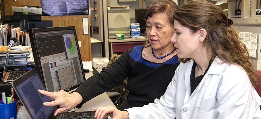 Two medical professionals looking at a graph on a laptop